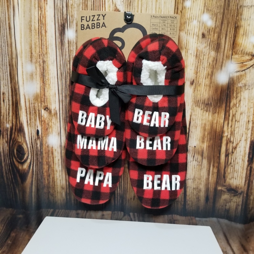 Fuzzy Babba 3 Pair Family Pack Bear Slippers Set - Baby, Mama, Papa Red Black
